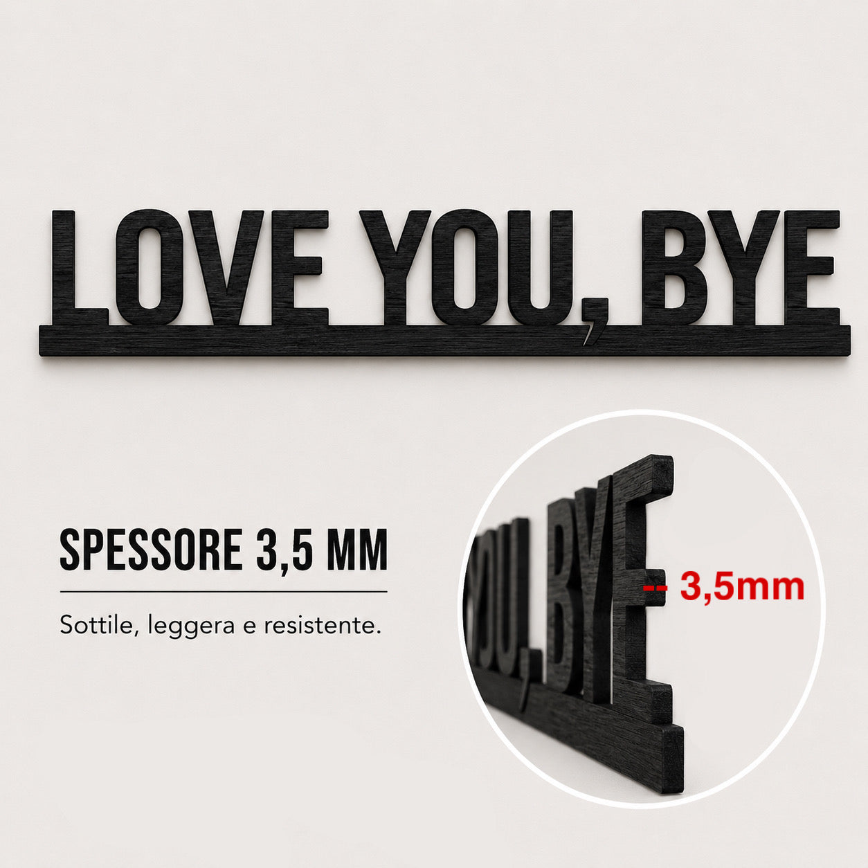 Scritta decorativa da parete in legno “LOVE YOU, BYE” – Design moderno e minimalista
