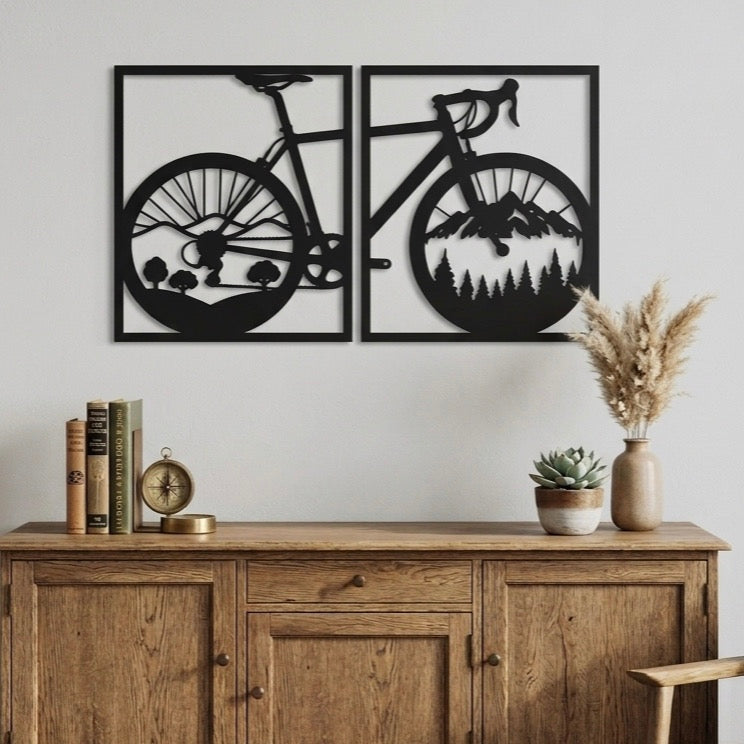2 Quadri intagliati in Legno "Bici & Natura" – Decorazione Parete 3D (35x57 cm)