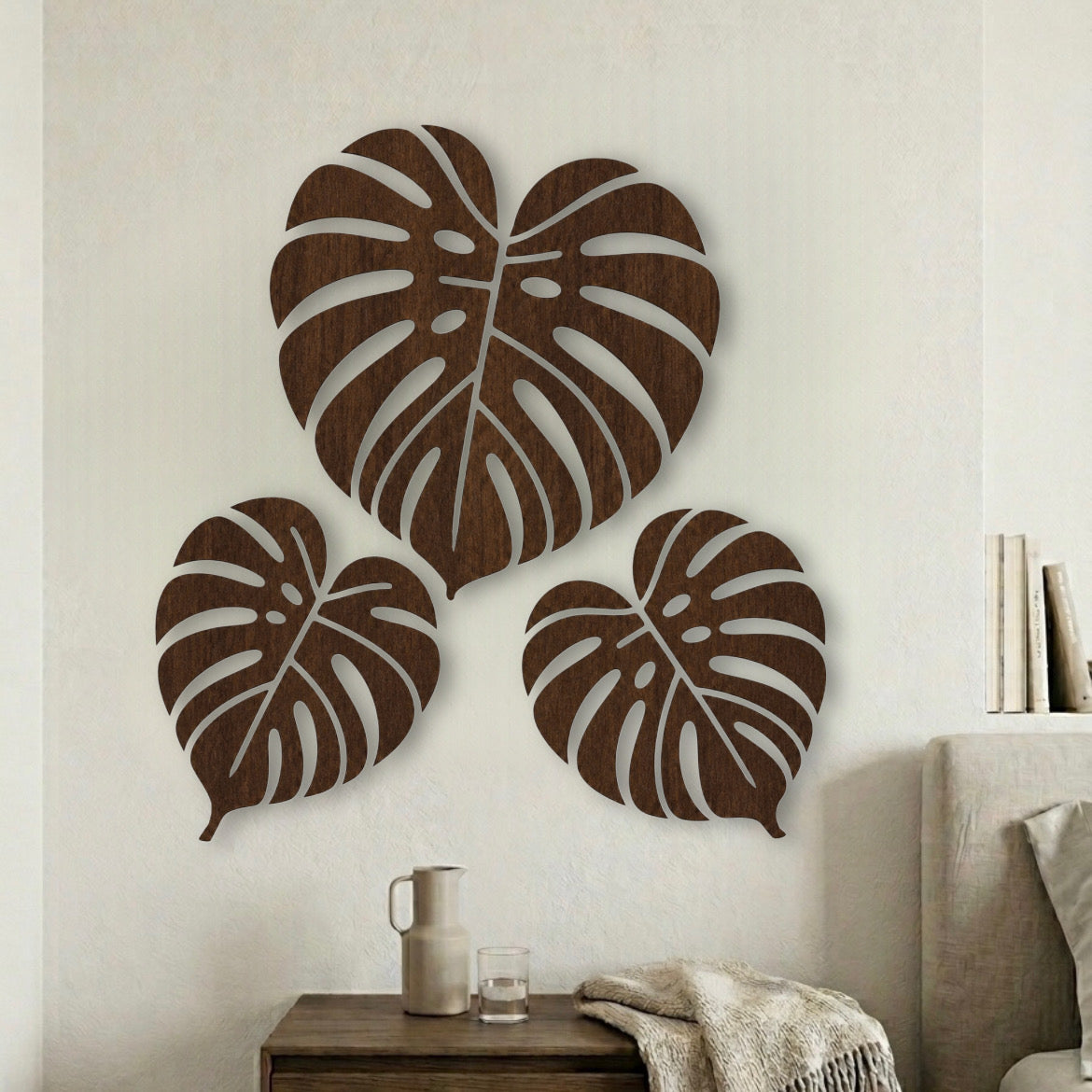 Tris di Foglie di Monstera in Legno – Decorazione da Parete Moderna e Intagliata