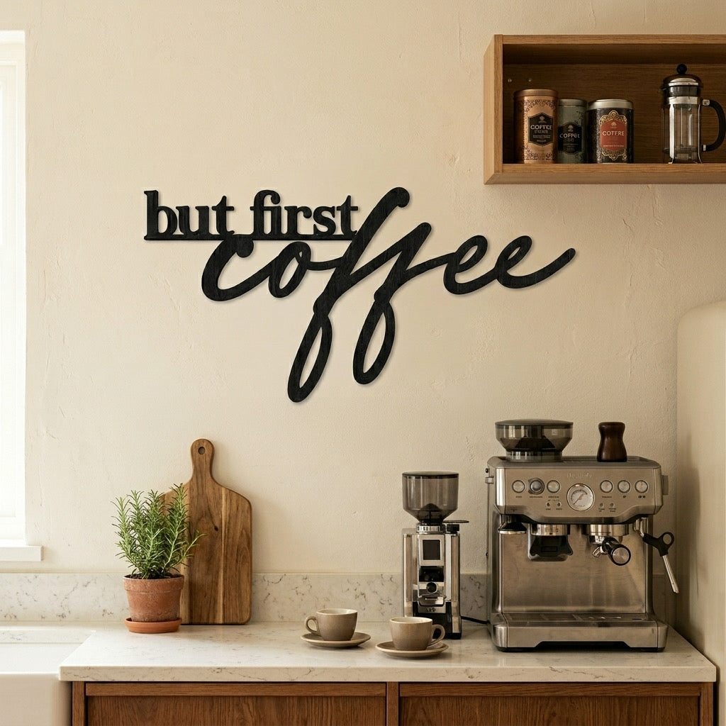 Scritta in Legno "But First Coffee" – Decorazione Parete Moderna
