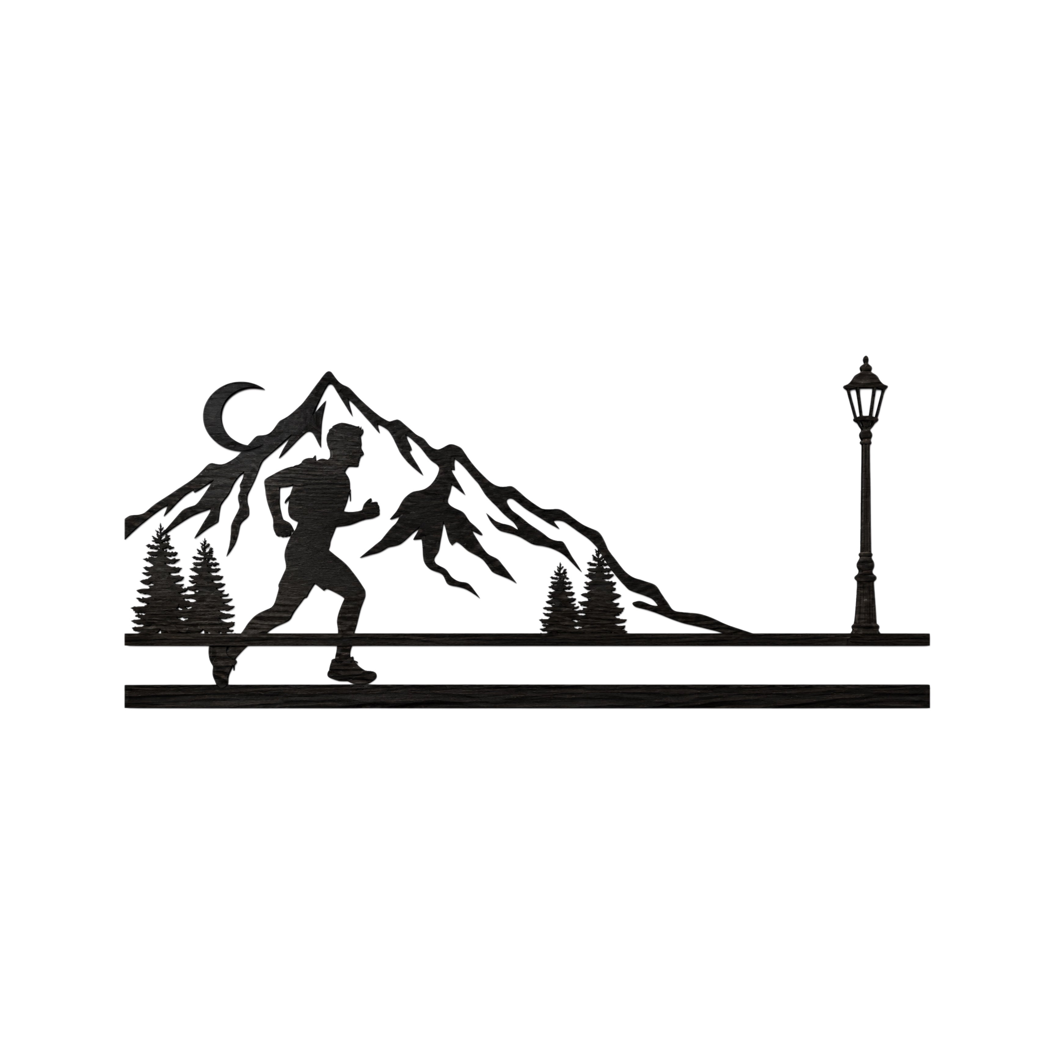 Silhouette Runner sotto la Luna in Montagna - Intagliata su Legno