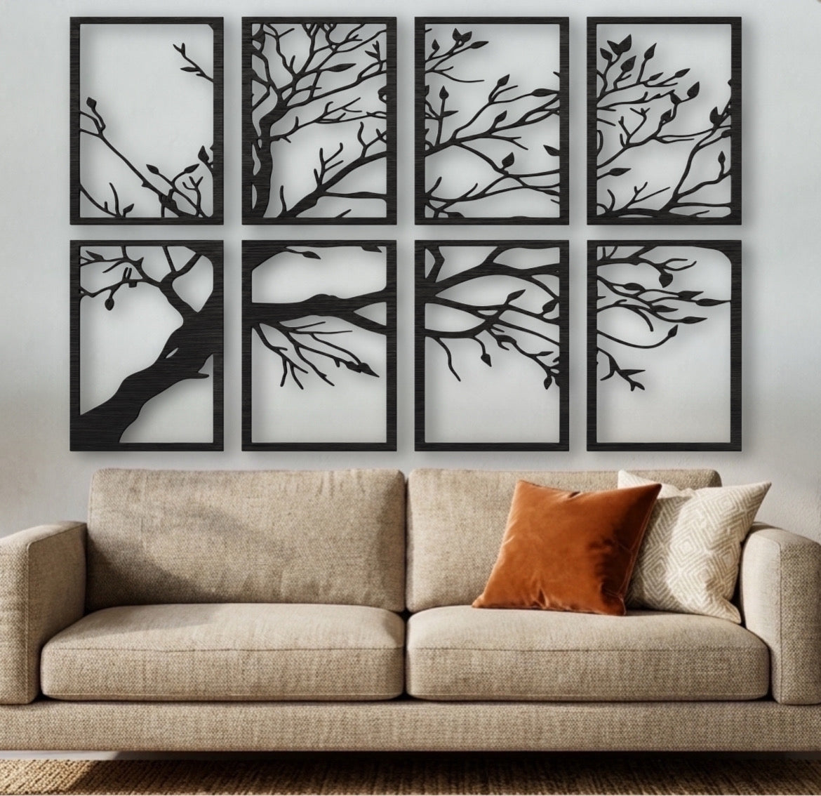 Set 8 Quadri in Legno Intagliato - Albero Minimalista
