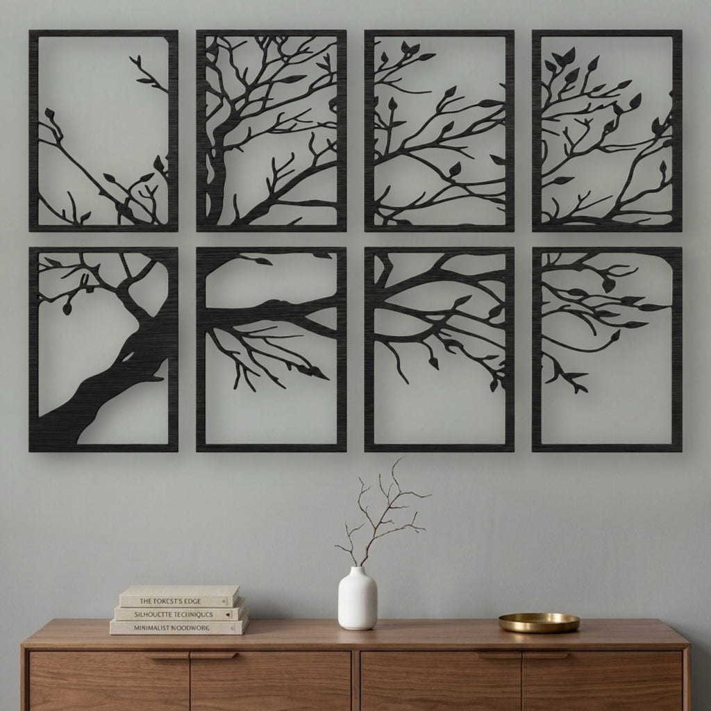 Set 8 Quadri in Legno Intagliato - Albero Minimalista