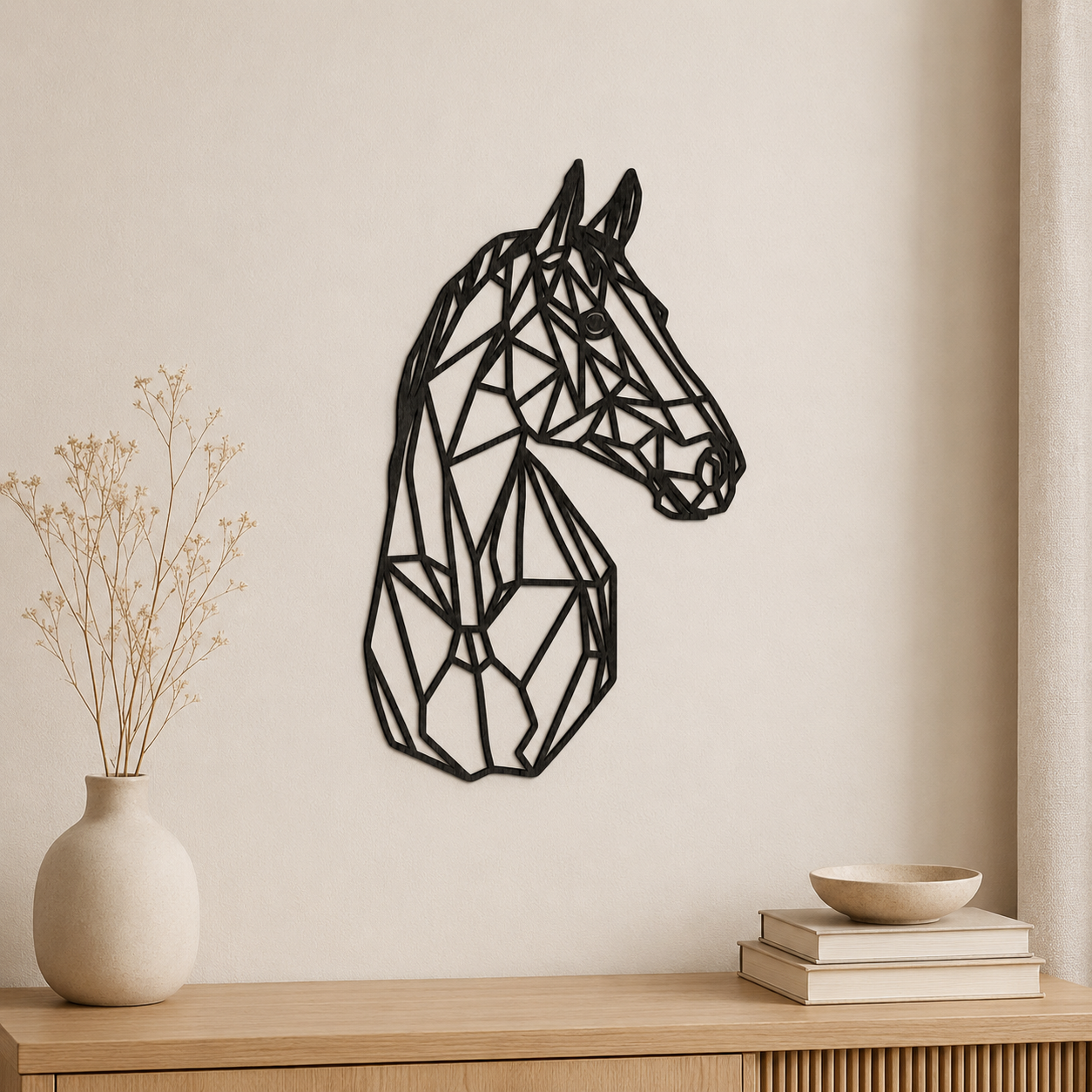 Silhouette Intagliata su Legno, Stile Geometrico "Horse Silhouette" – Wall Art in Legno di Faggio