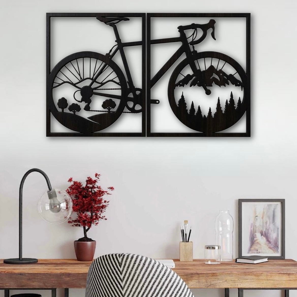 2 Quadri intagliati in Legno "Bici & Natura" – Decorazione Parete 3D (35x57 cm)