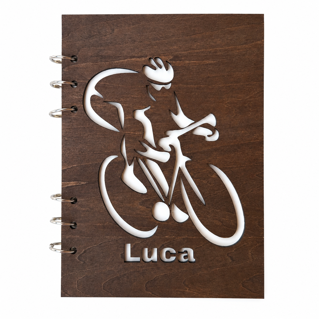 Agenda in Legno Personalizzata con Ciclista Intagliato