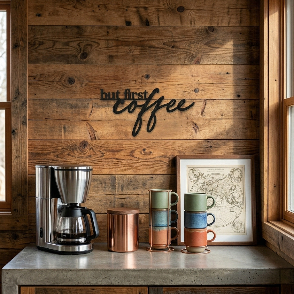 Scritta in Legno "But First Coffee" – Decorazione Parete Moderna