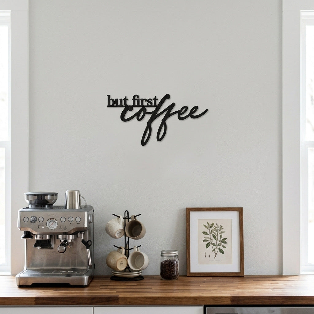 Scritta in Legno "But First Coffee" – Decorazione Parete Moderna