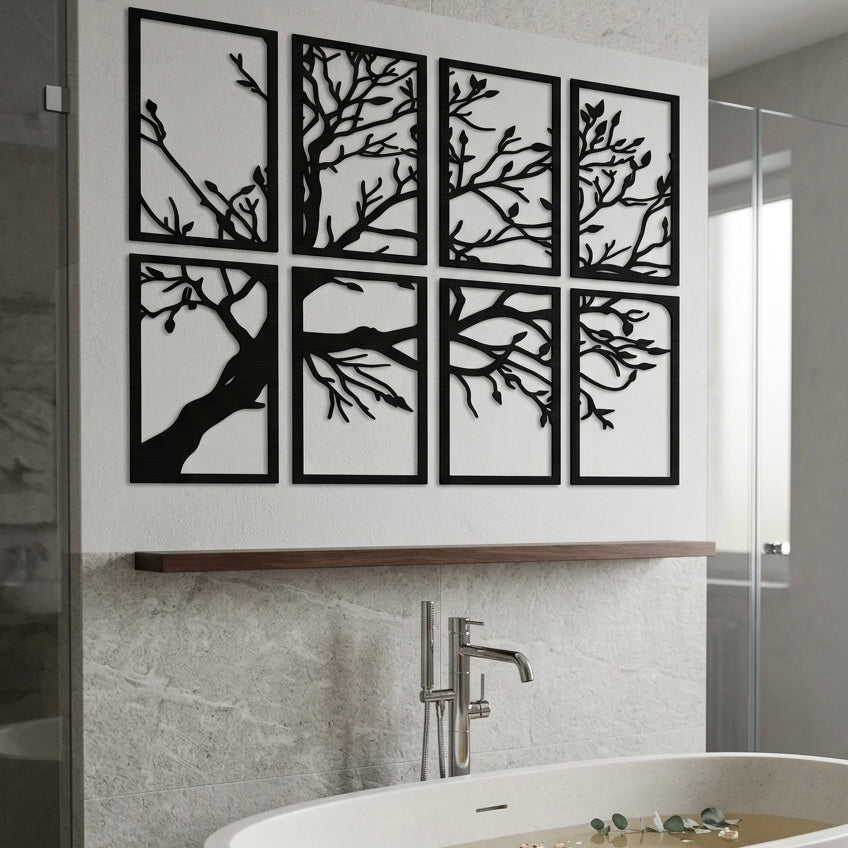 Set 8 Quadri in Legno Intagliato - Albero Minimalista