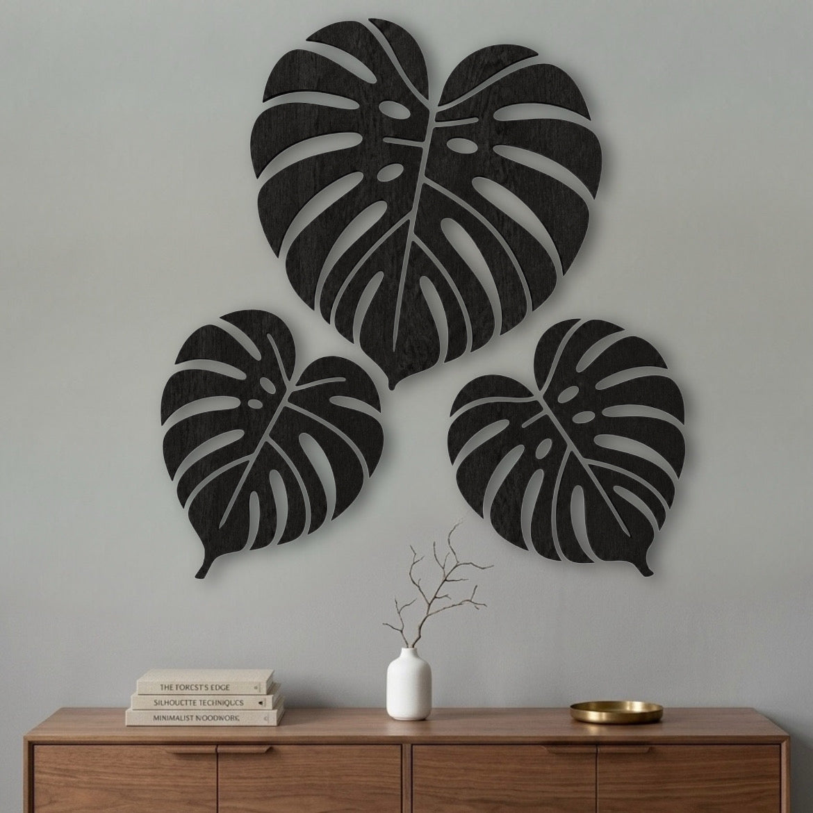 Tris di Foglie di Monstera in Legno – Decorazione da Parete Moderna e Intagliata