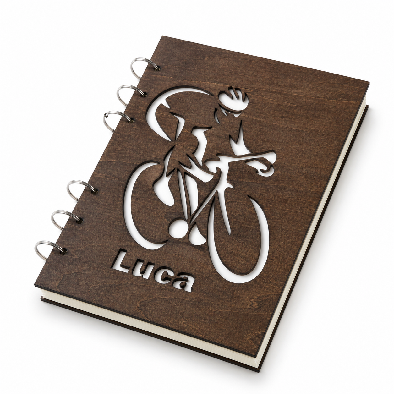 Agenda in Legno Personalizzata con Ciclista Intagliato