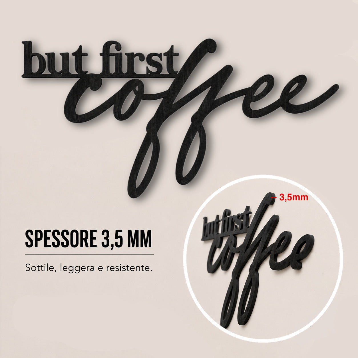 Scritta in Legno "But First Coffee" – Decorazione Parete Moderna