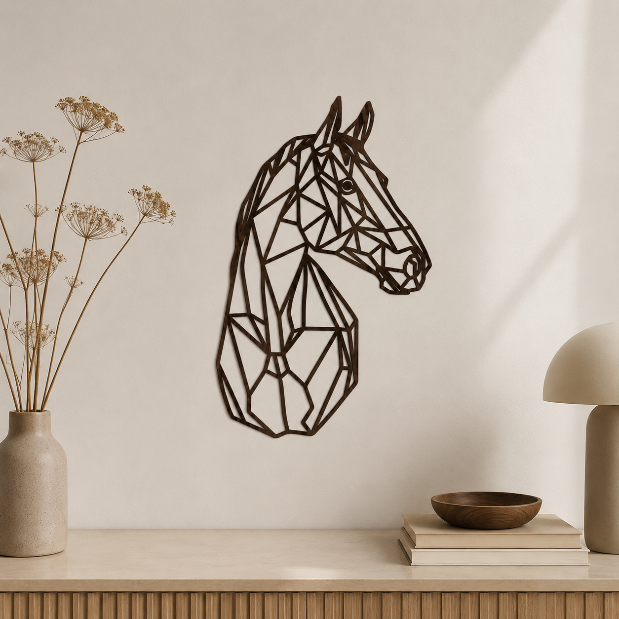 Silhouette Intagliata su Legno, Stile Geometrico "Horse Silhouette" – Wall Art in Legno di Faggio