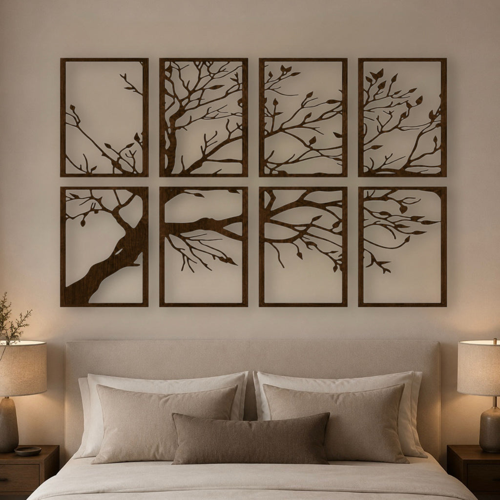 Set 8 Quadri in Legno Intagliato - Albero Minimalista