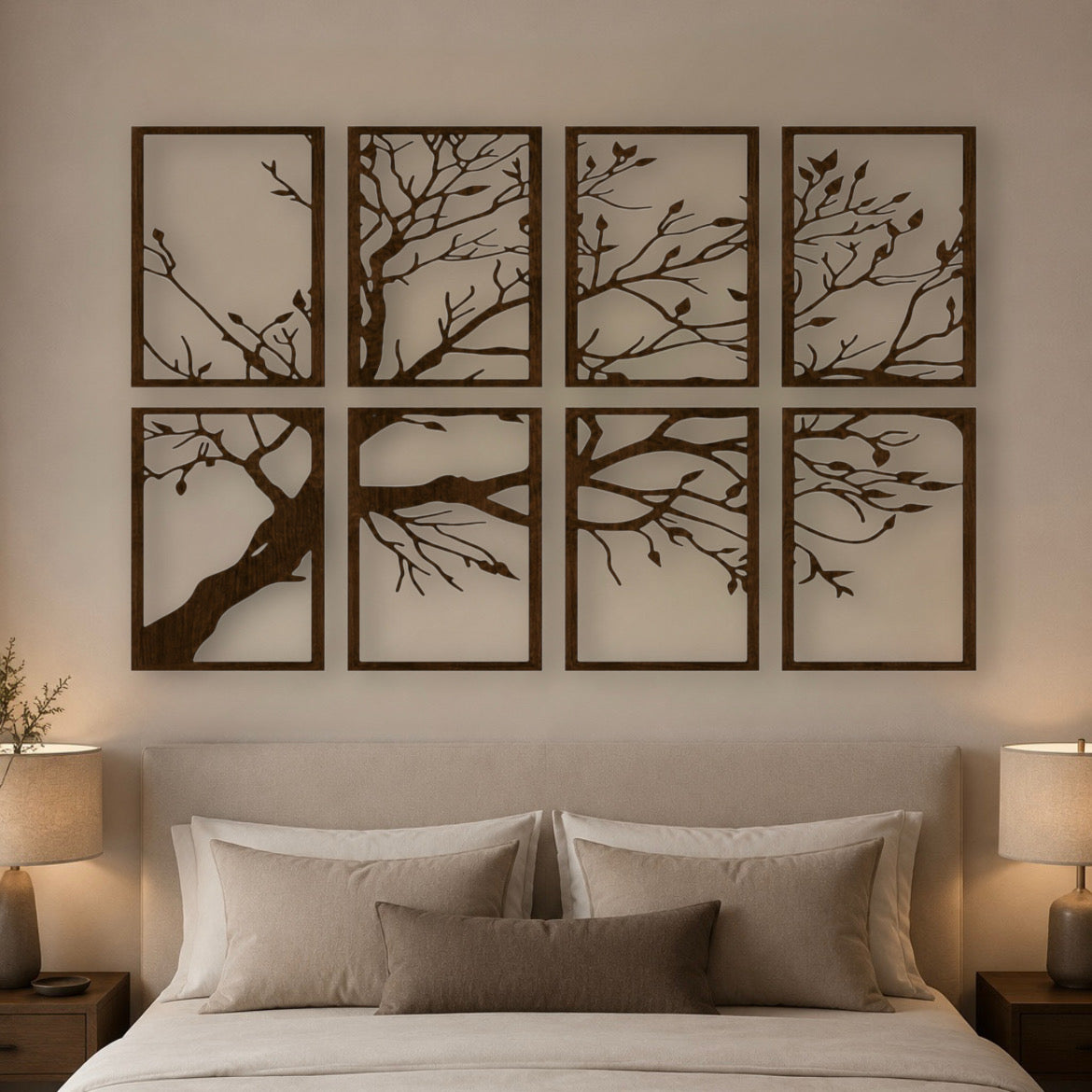 Set 8 Quadri in Legno Intagliato - Albero Minimalista
