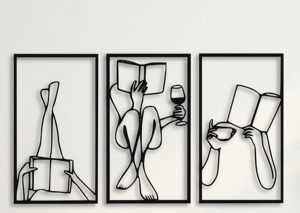 Set 3 quadri in legno stile Line Art - Lettura, caffè e vino