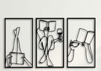 Set 3 quadri in legno stile Line Art - Lettura, caffè e vino