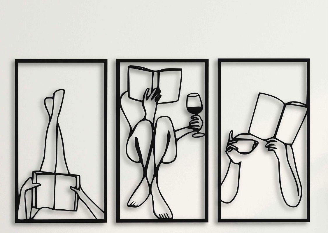 Set 3 quadri in legno stile Line Art - Lettura, caffè e vino