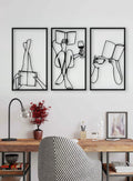 Set 3 quadri in legno stile Line Art - Lettura, caffè e vino