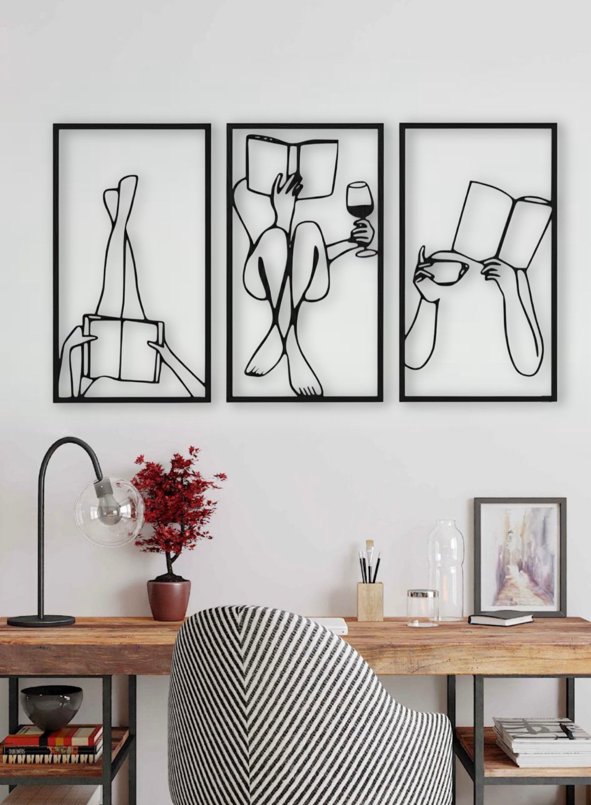 Set 3 quadri in legno stile Line Art - Lettura, caffè e vino