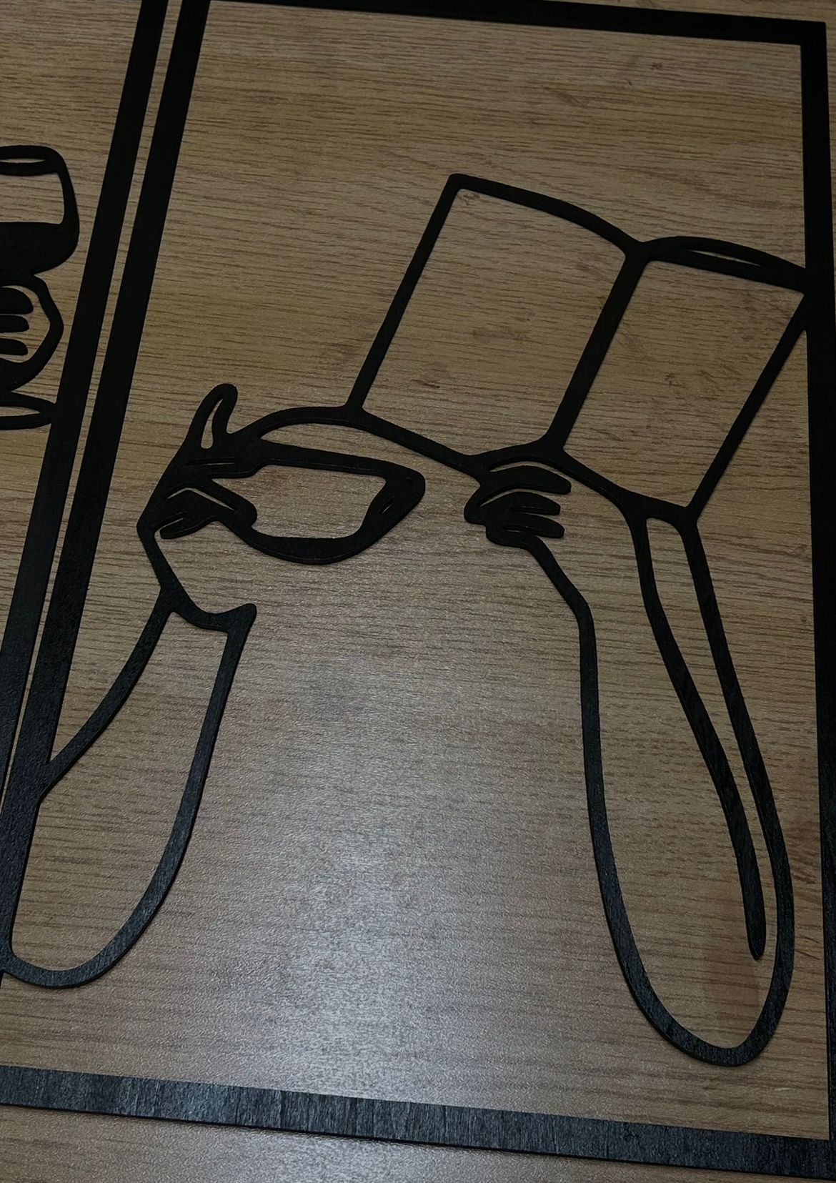 Set 3 quadri in legno stile Line Art - Lettura, caffè e vino