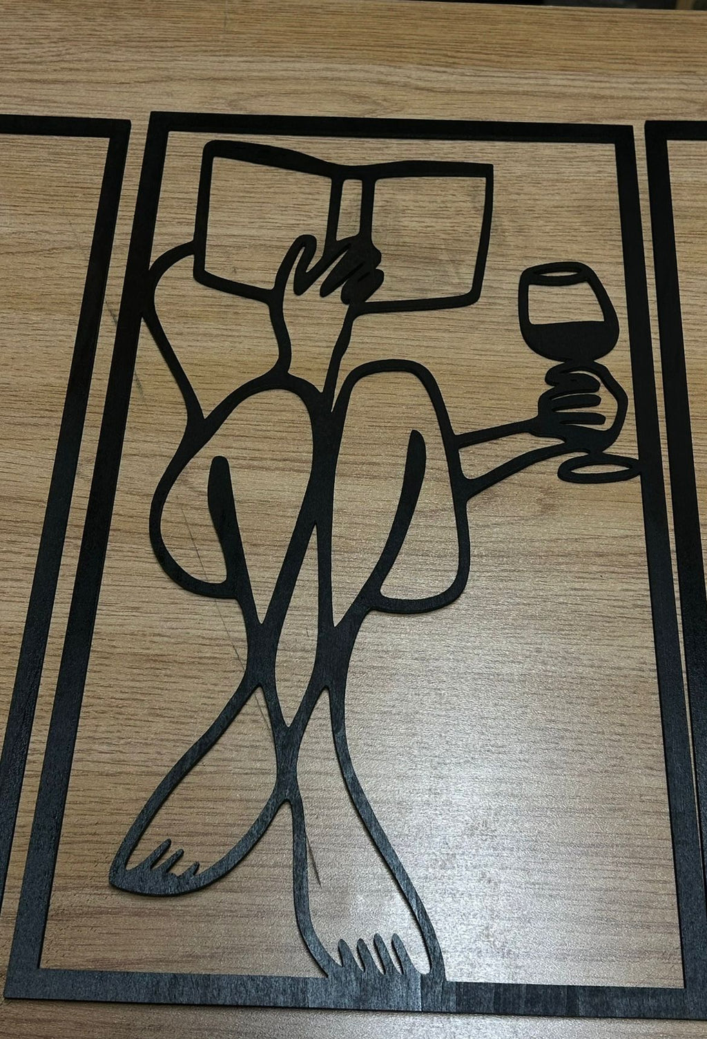 Set 3 quadri in legno stile Line Art - Lettura, caffè e vino