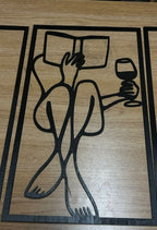 Set 3 quadri in legno stile Line Art - Lettura, caffè e vino