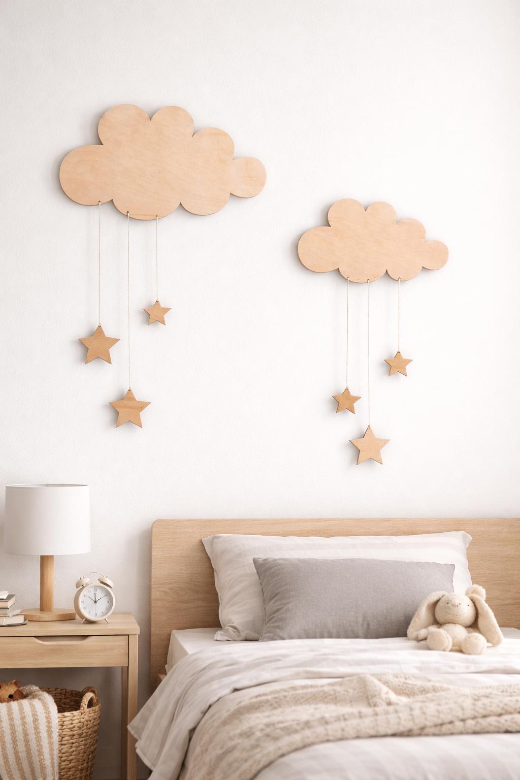 Set Nuvole e Stelle "Sogni d'Oro" – Decorazione Parete in Legno Naturale