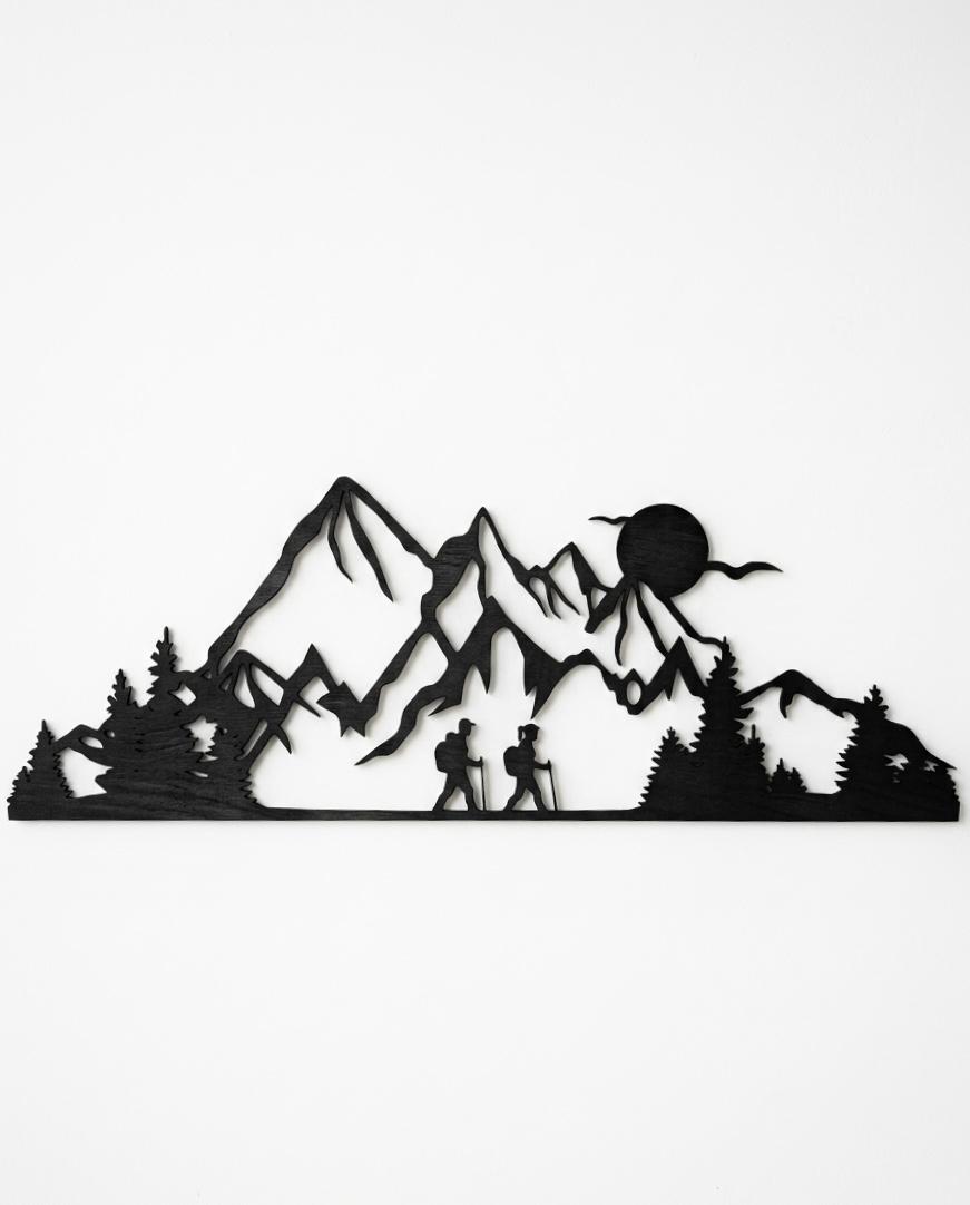Silhouette Montagna in Legno - Escursionisti sotto la Luna