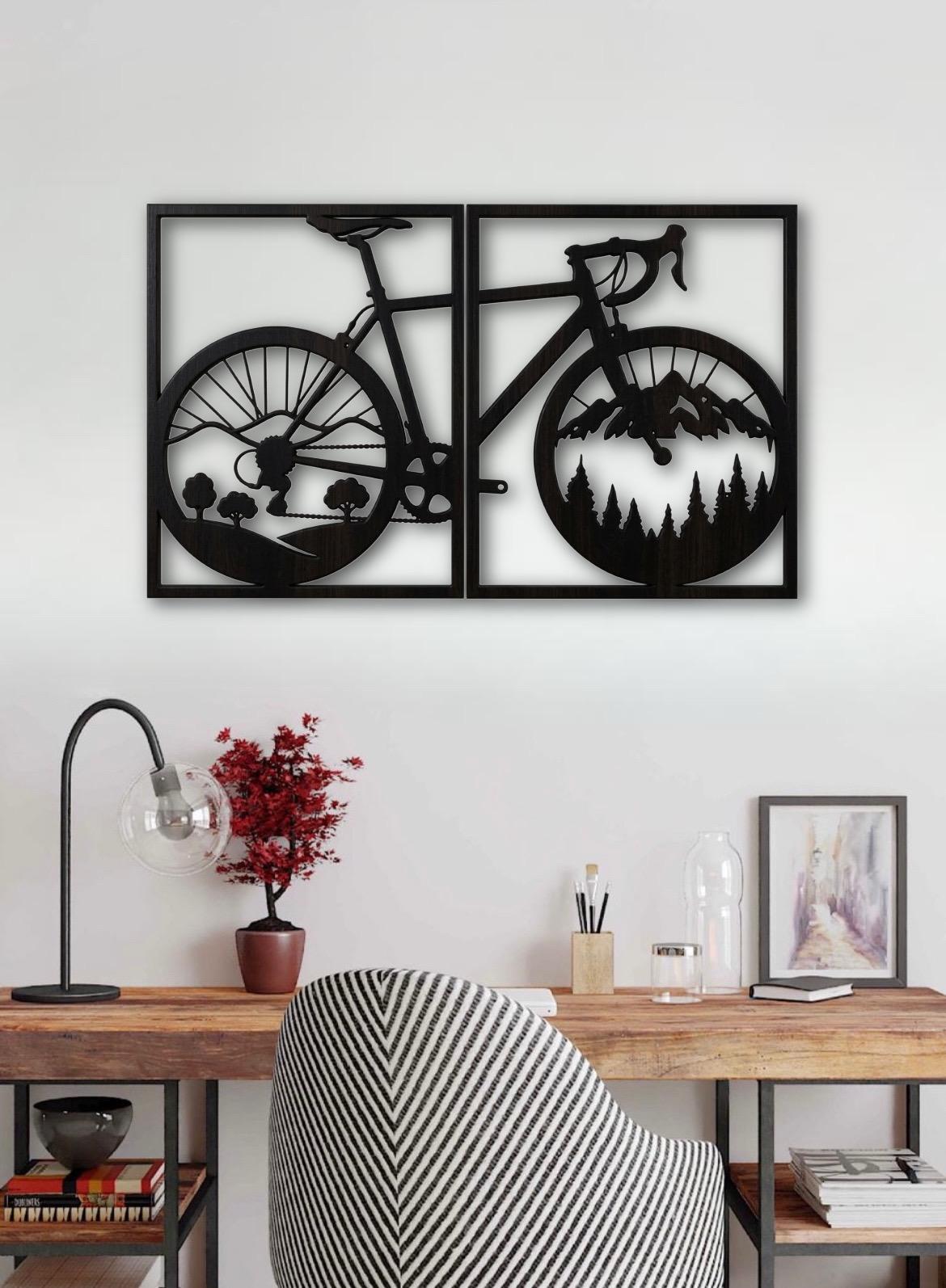 2 Quadri intagliati in Legno "Bici & Natura" – Decorazione Parete 3D (35x57 cm)